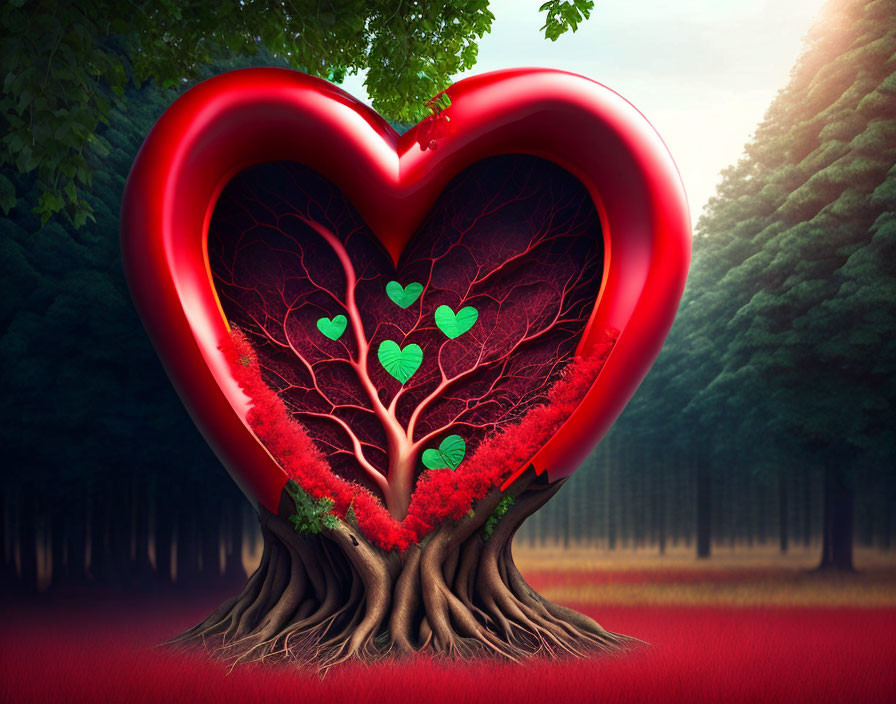 Colorful heart-shaped tree with heart leaves in forest setting