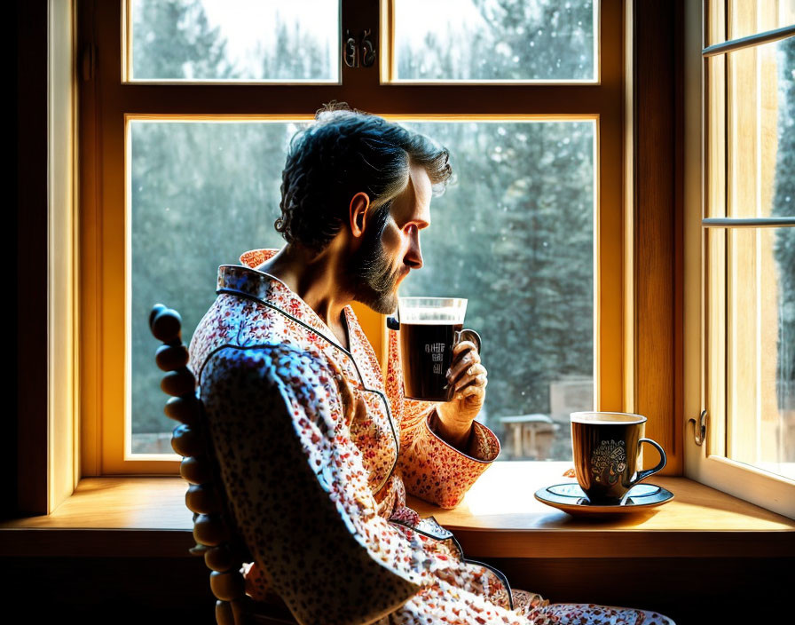 Man in Patterned Pajamas Contemplating by Sunlit Window