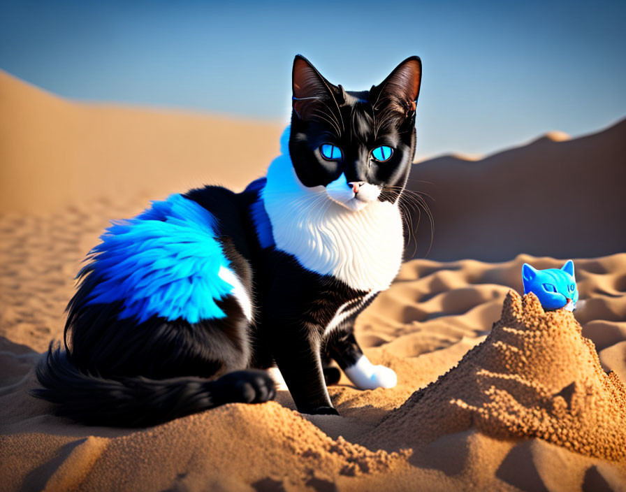 Stylized black and white cat with blue accents in desert landscape with cat-shaped sand sculpture