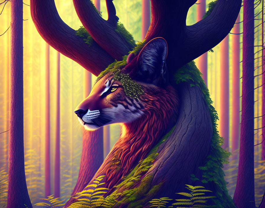 Surreal illustration: Fox with antlers in forest blending with bark and ferns.