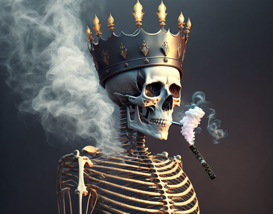 Golden-crowned skeletal figure exhaling smoke with cigarette.