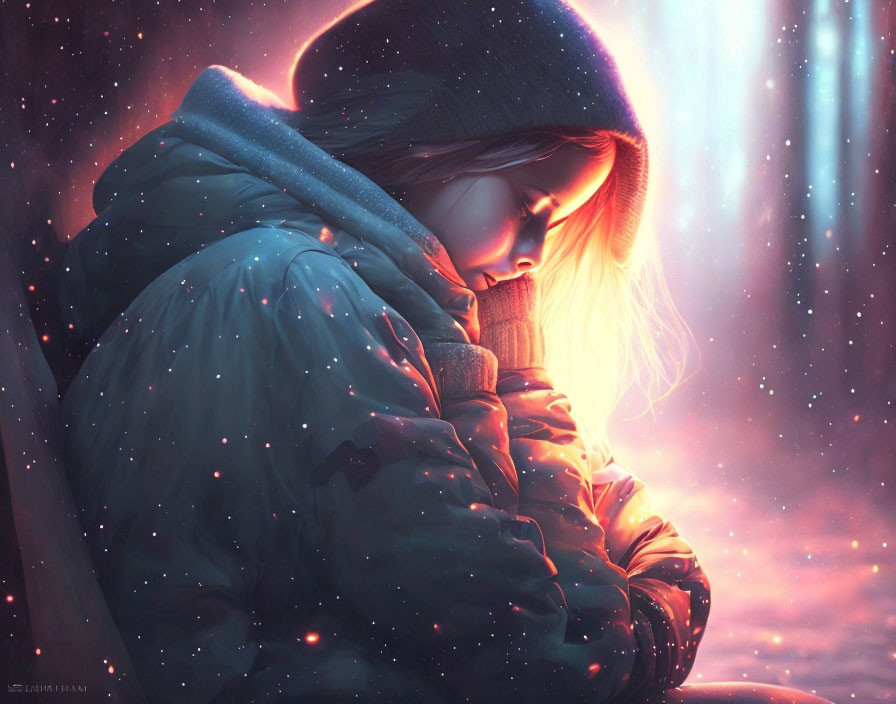 Person in winter jacket under pink and purple sky with falling snowflakes