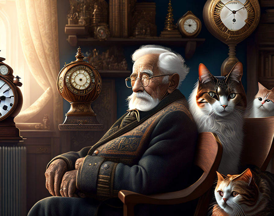 Elderly man with white hair and cats in dimly-lit room full of antique clocks