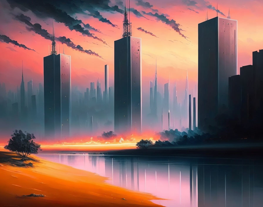 Futuristic cityscape at dawn: skyscrapers, lake reflections, orange glow