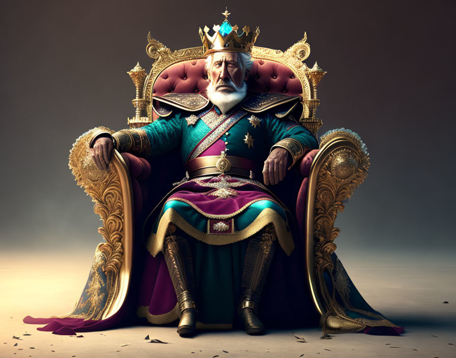 Regal figure in royal robe on throne with crown