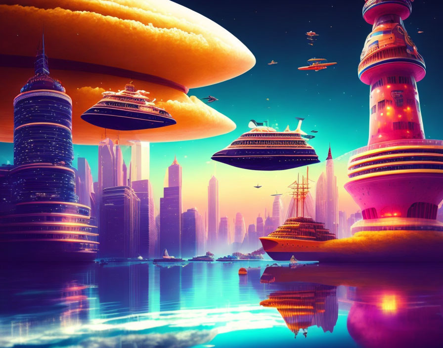 Futuristic sci-fi cityscape with flying vehicles and planets reflected in water