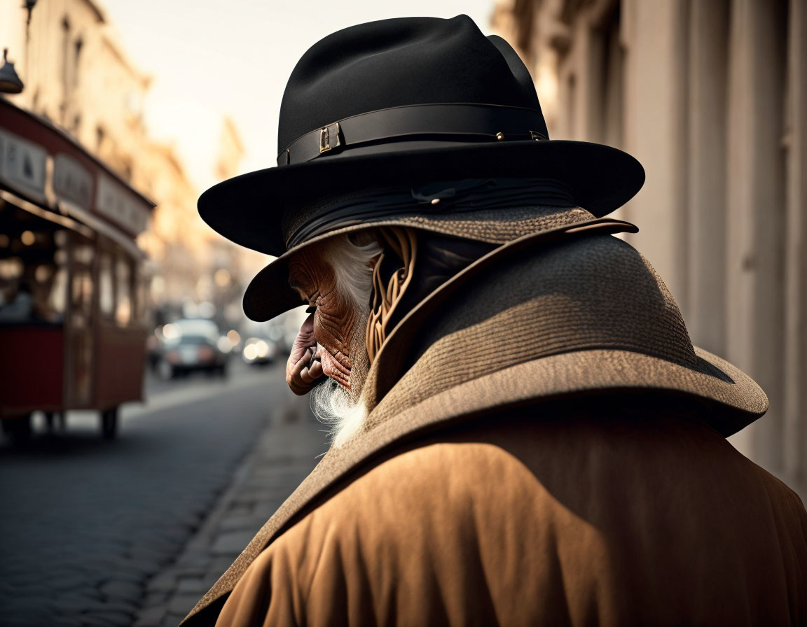 Person in fedora hat and trench coat talking on phone in vintage city street.