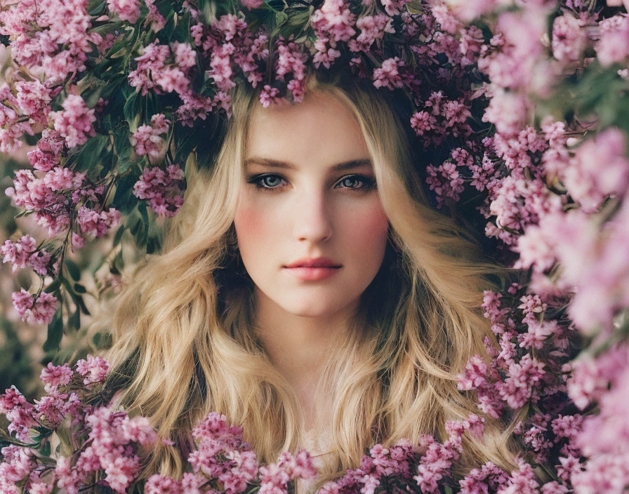 Blond woman with pink floral crown in lush backdrop