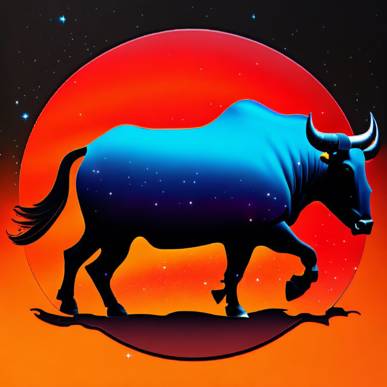 Stylized bull with star-filled body on red-orange backdrop