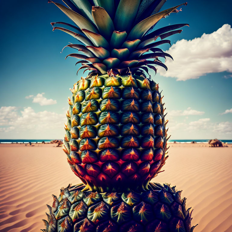 Close-up Pineapple on Sunny Beach with Pier in Distance