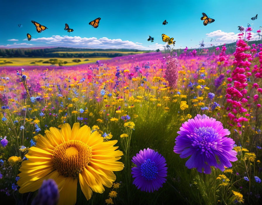 Colorful Wildflower Meadow with Butterflies and Yellow/Purple Flowers