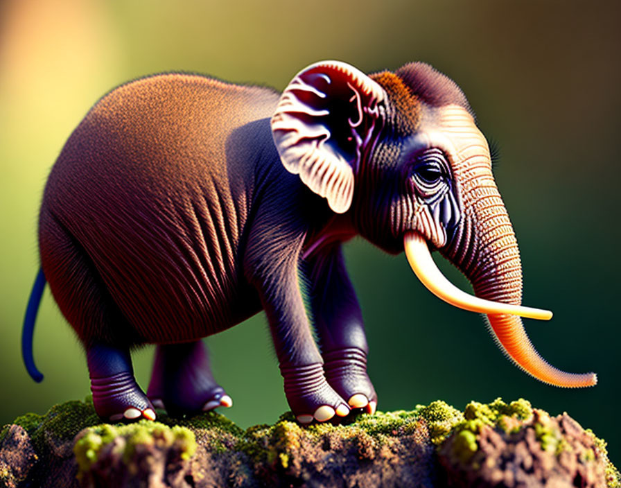 Colorful surreal elephant on moss-covered rock