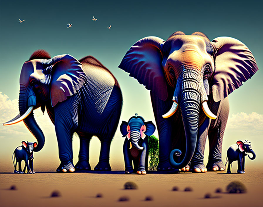 Stylized elephants in desert landscape with birds under blue sky