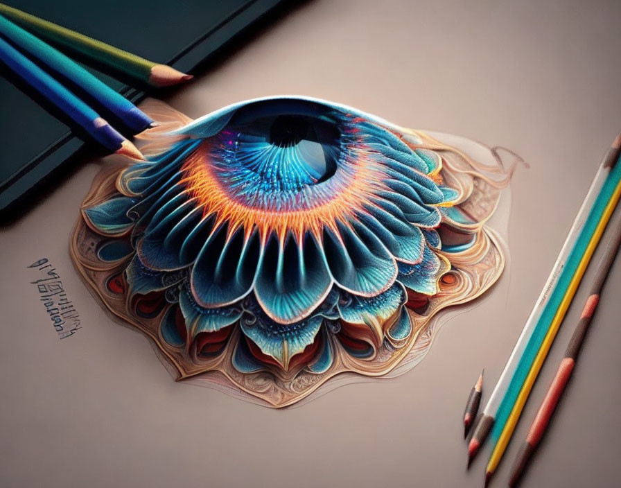 Detailed colorful eye drawing with feather-like patterns and colored pencils