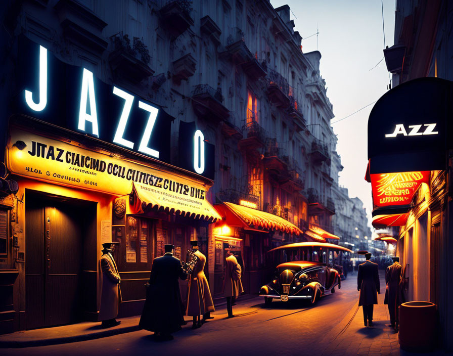 Vintage street scene at dusk with jazz club neon signs, period attire, and classic car.