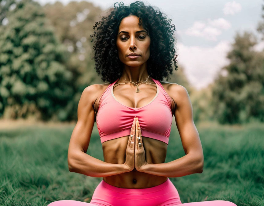 Woman in Pink Sportswear Meditating Outdoors