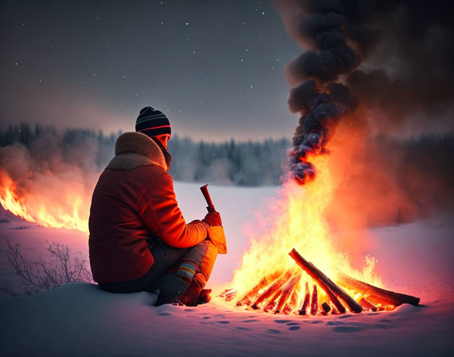 Person sitting by campfire in snow with warm drink, night sky, and trees.