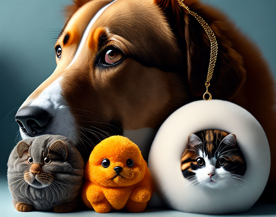 Solemn dog with plush cat, dog, and lion toys on blue backdrop