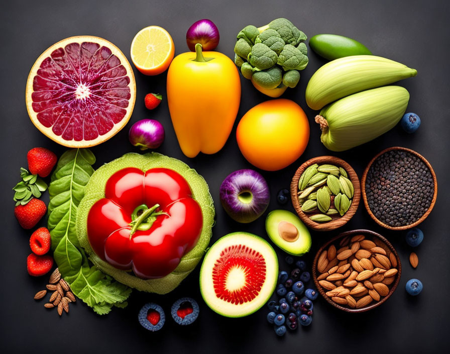 Vibrant fruits and vegetables on dark background