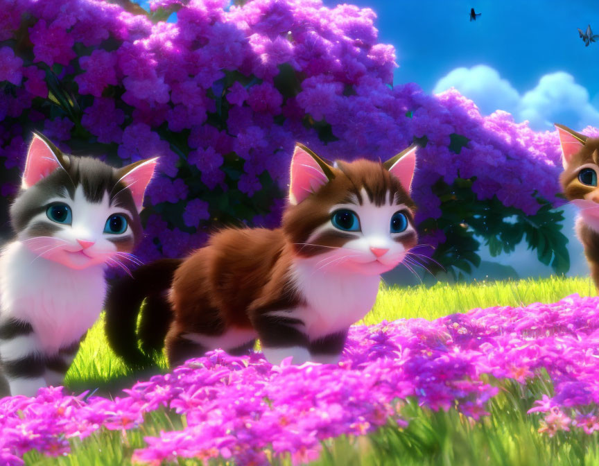 Three Cartoon Kittens in Pink Flower Garden Scene