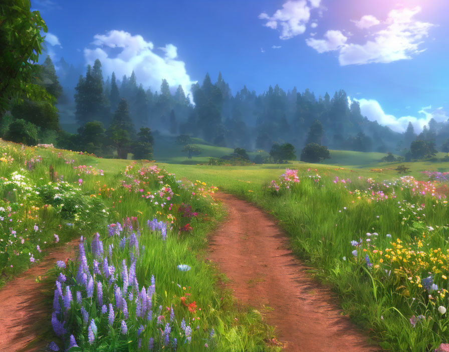 Vibrant wildflower meadow with dirt path and lush hill