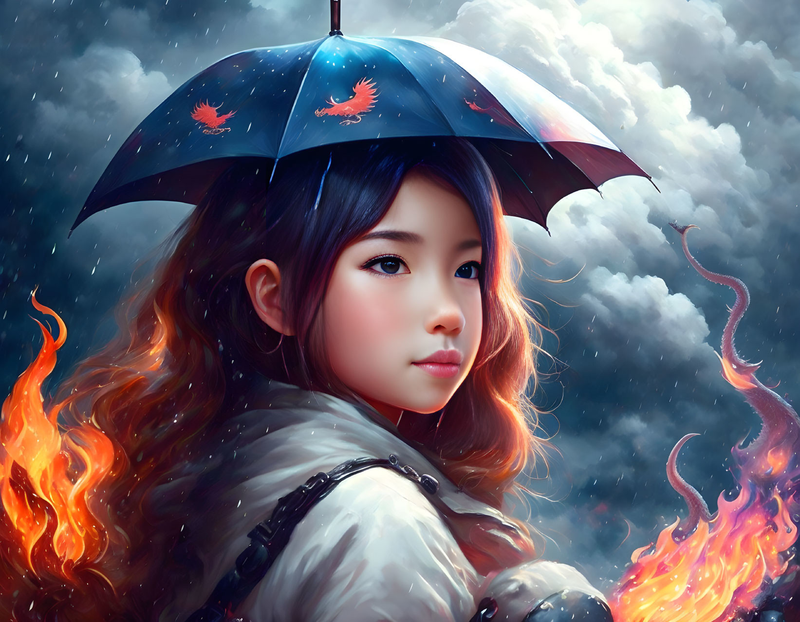 Digital artwork: girl with umbrella in flames under cloudy sky