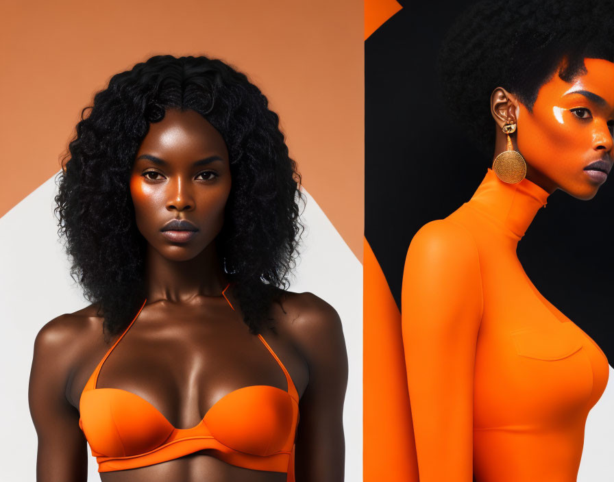 Split Image Contrasts Woman in Orange Bikini and High-Neck Outfit