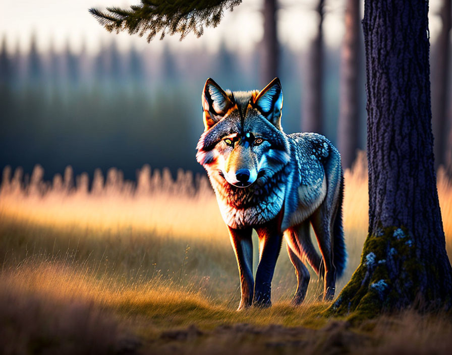 Wolf in Forest Clearing with Sunlight and Vibrant Eyes