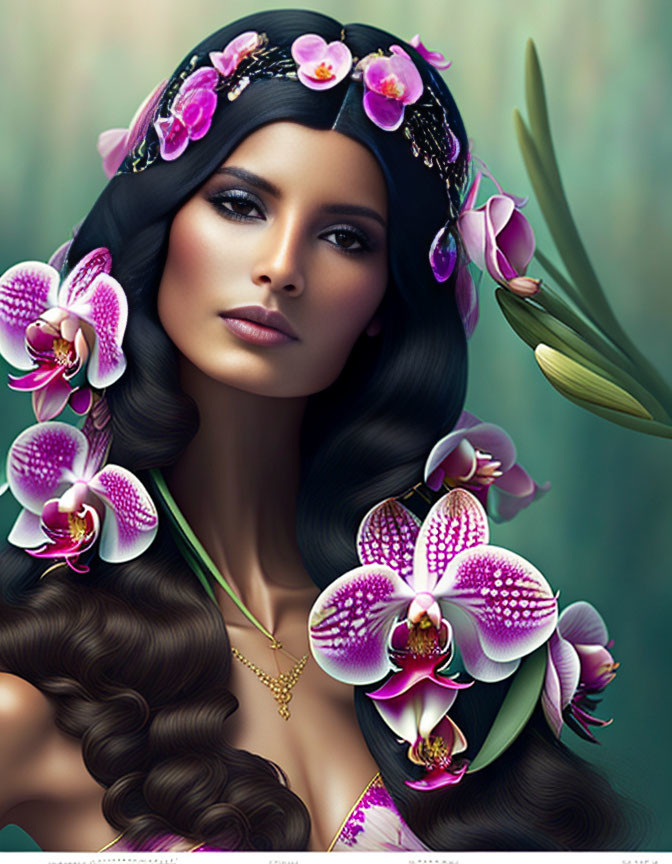 Digital artwork of woman with dark hair and pink orchid headpiece