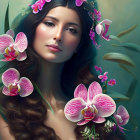 Digital artwork of woman with dark hair and pink orchid headpiece