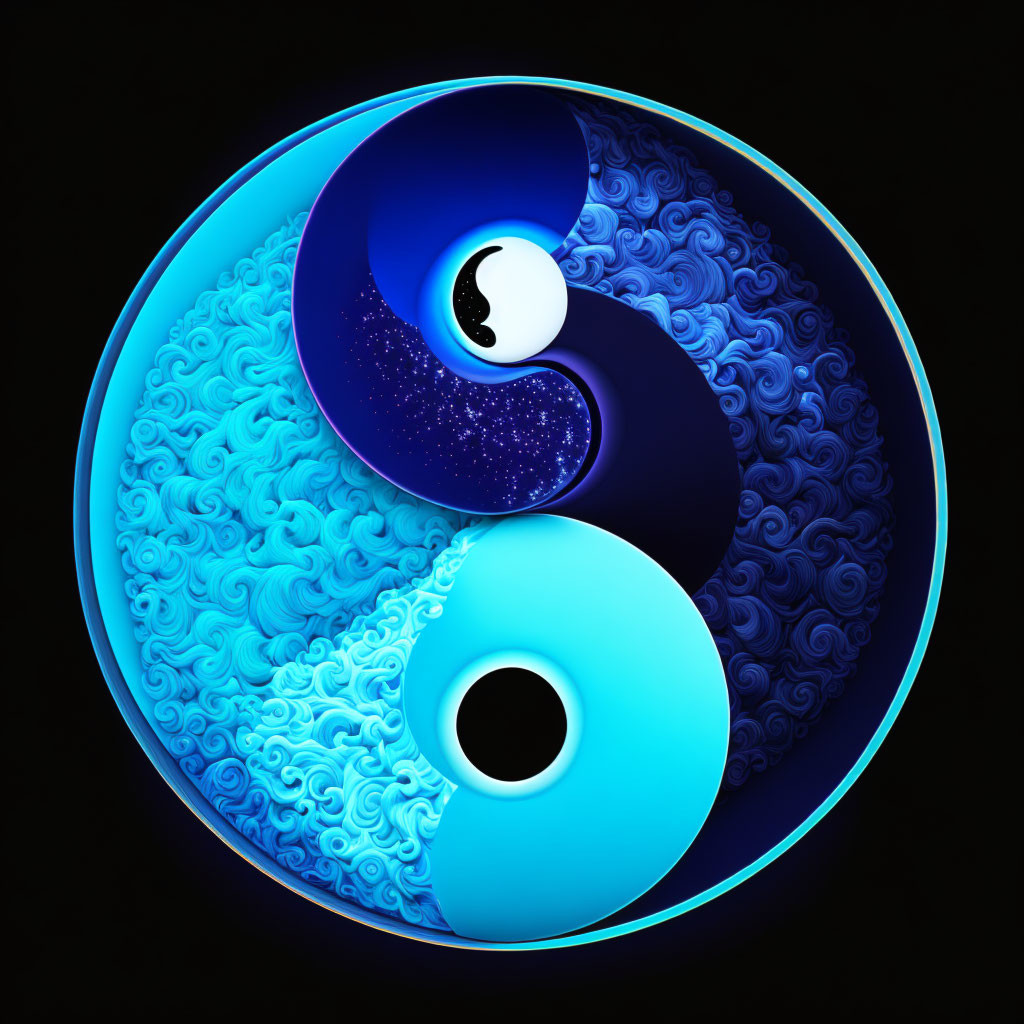 Intricate Blue and White Yin-Yang Symbol on Black Background