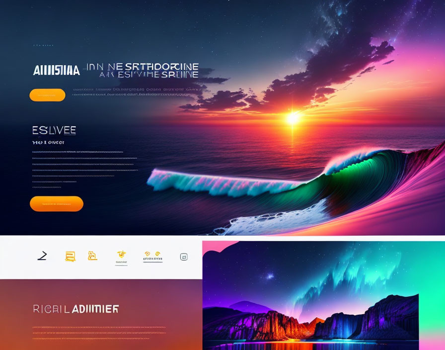 Colorful Sunset and Neon Waves Web Design Mockup with Northern Lights and Icon Navigation