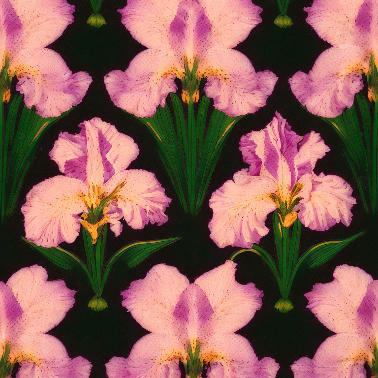 Pink Iris Floral Pattern on Black Background