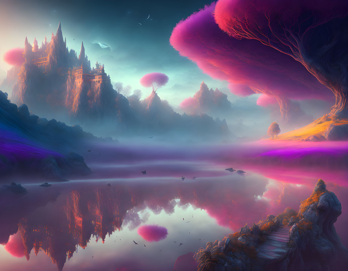 Colorful fantasy landscape with reflective lake, pink trees, castles, misty mountains.