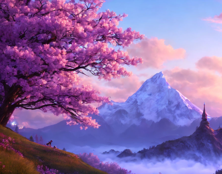 Digital artwork of cherry blossom tree, mountain backdrop, temple, and figure