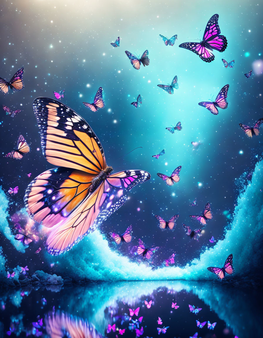 Digital Art: Monarch Butterflies in Starry Night Environment