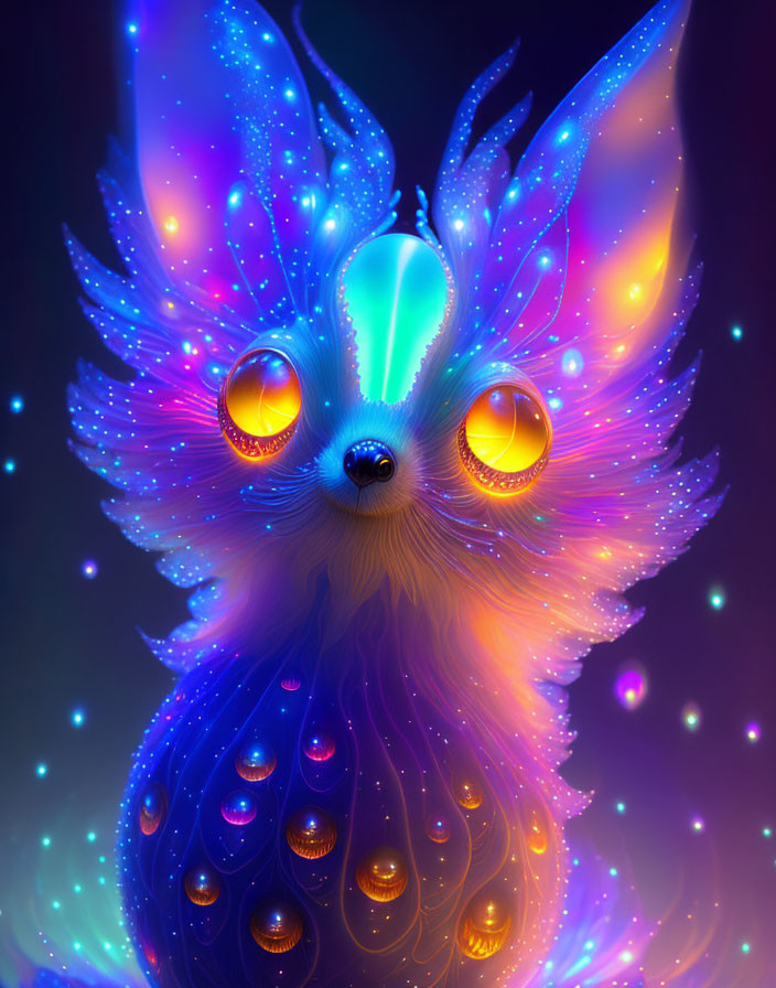 Neon fur mythical creature with glowing eyes and iridescent feathers