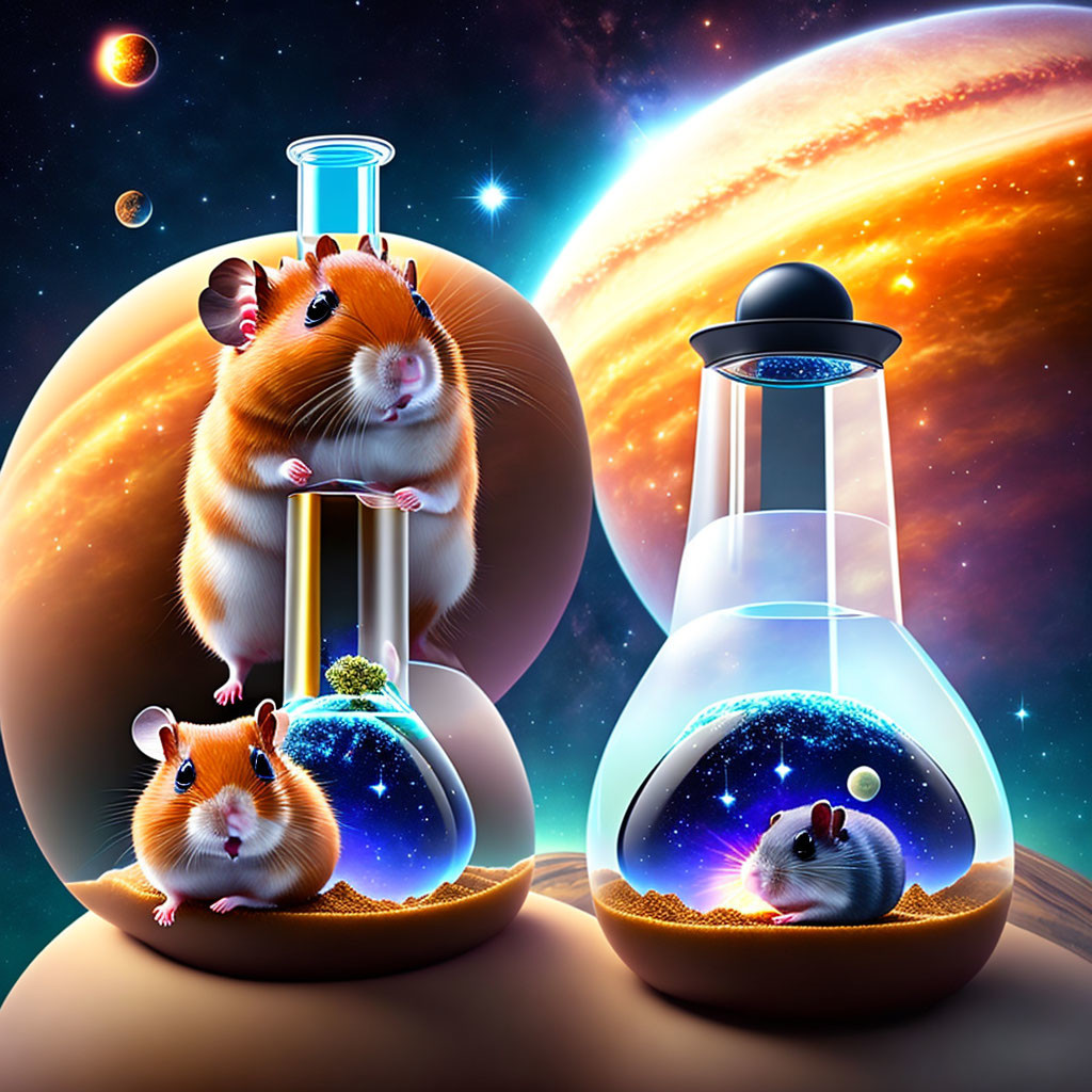 Hamsters with space-themed terrariums on cosmic backdrop