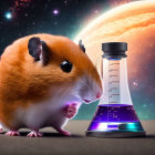 Hamsters with space-themed terrariums on cosmic backdrop