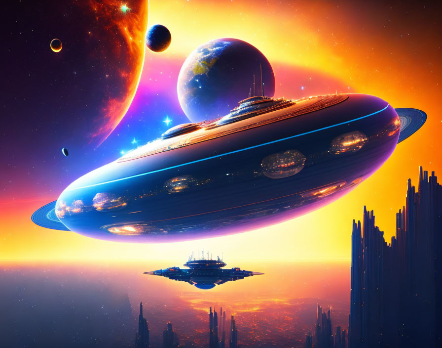 Futuristic sci-fi scene: large spaceships, alien landscape, cosmic sky