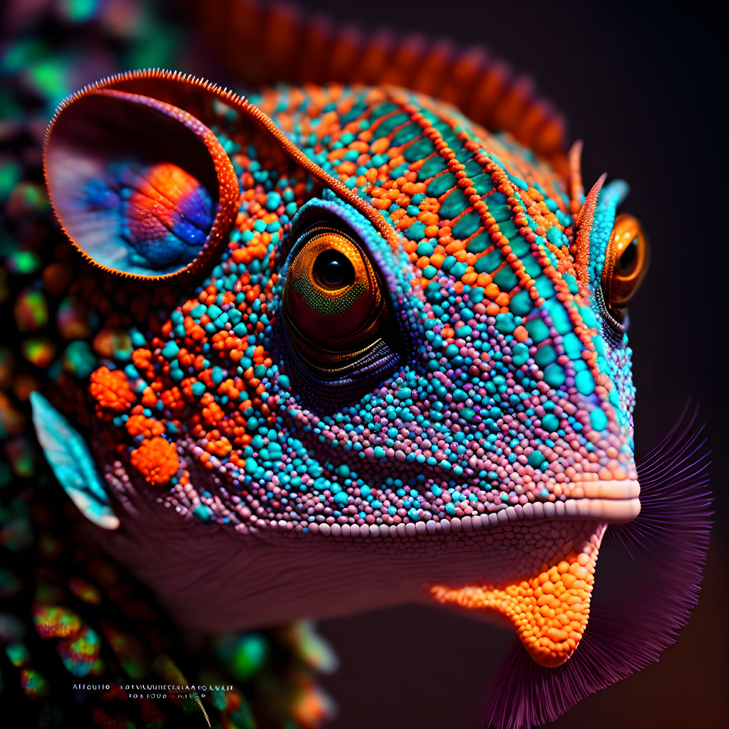 Vibrant chameleon with blue, orange, and yellow scales on dark backdrop