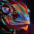 Vibrant chameleon with blue, orange, and yellow scales on dark backdrop