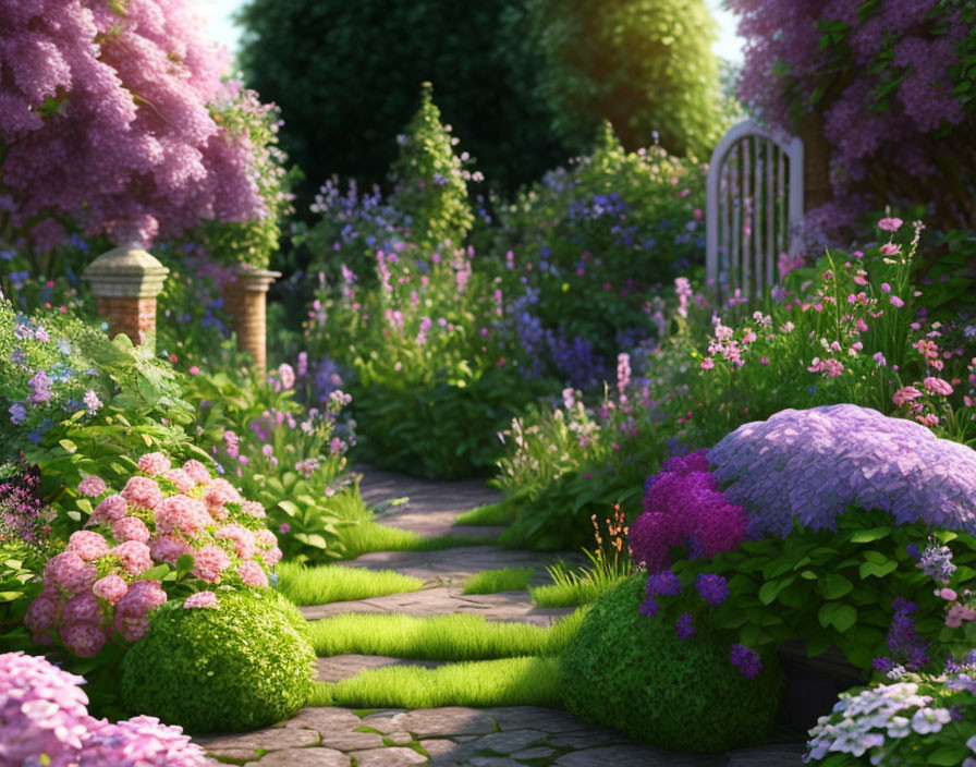 Vibrant hydrangeas and purple flowers on lush garden path