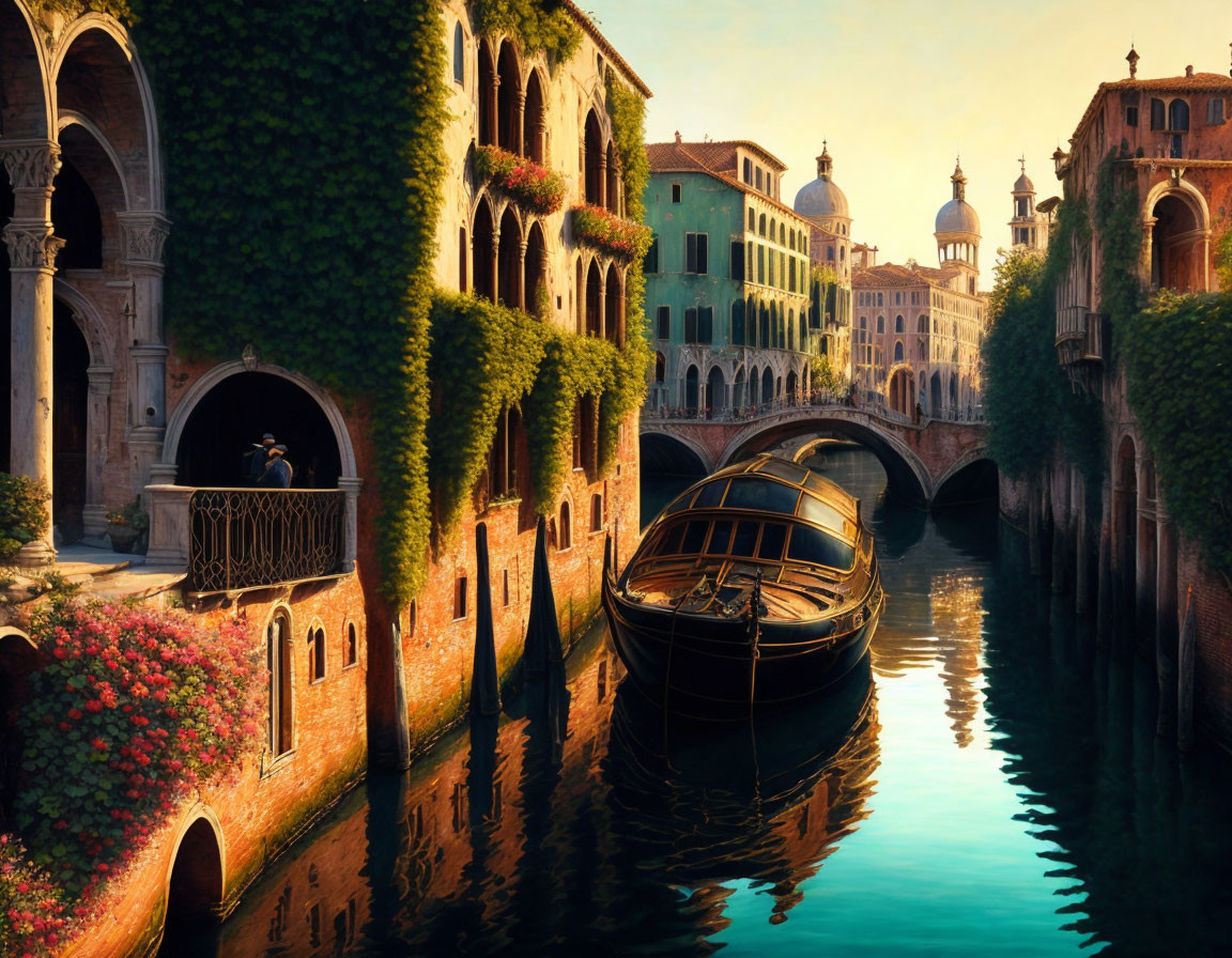 Historic Venetian canal with moored gondolas and lush green ivy.