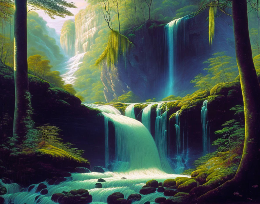 Serene waterfall in enchanted forest with mystical light