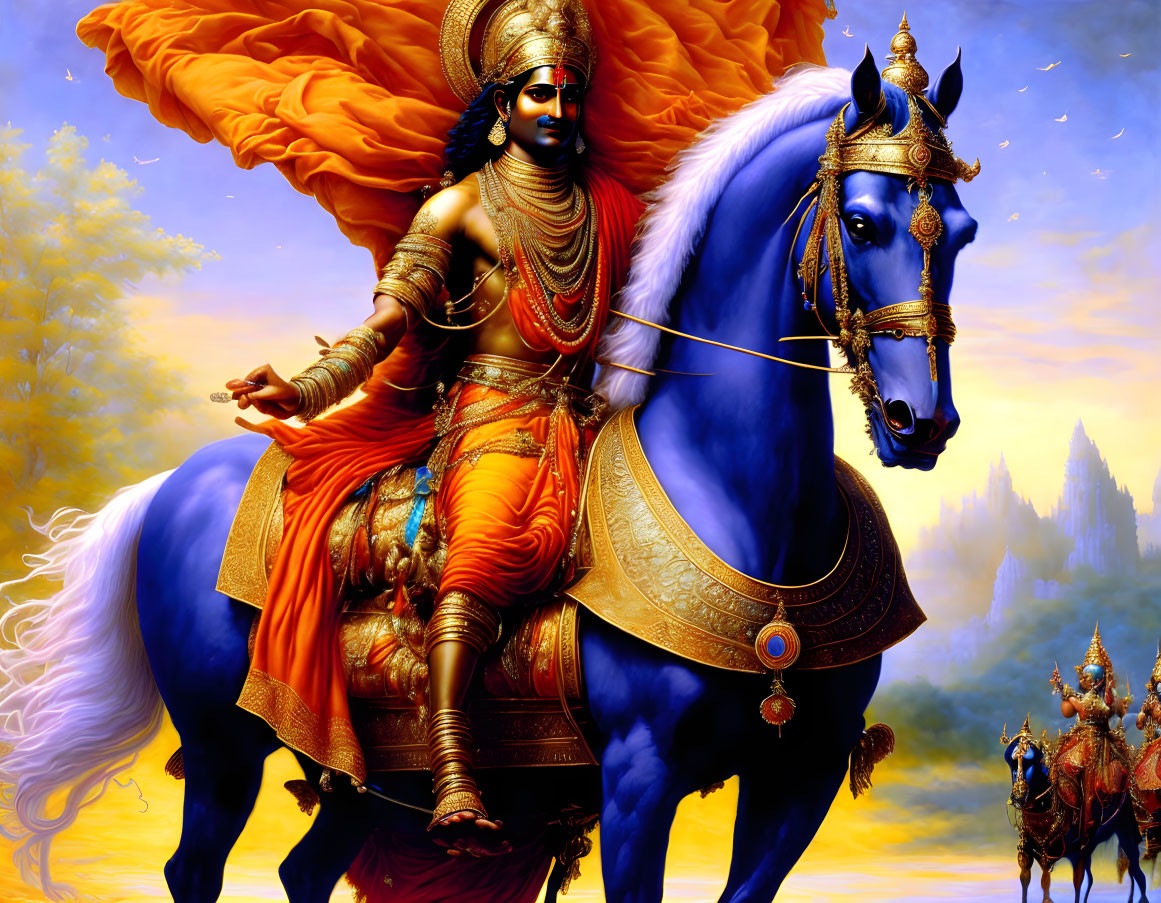 Colorful warrior on blue horse in celestial setting