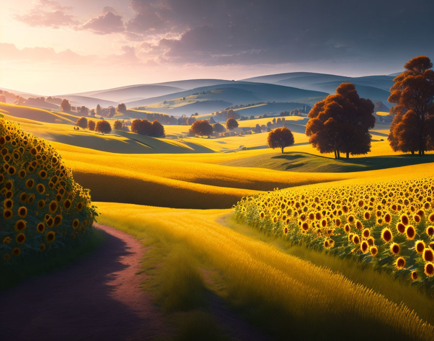 Scenic landscape with rolling hills, sunflower fields, and vibrant dawn sky