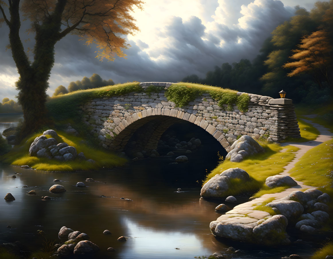 Tranquil landscape: old stone bridge, calm river, lush trees, cloudy sky at dusk