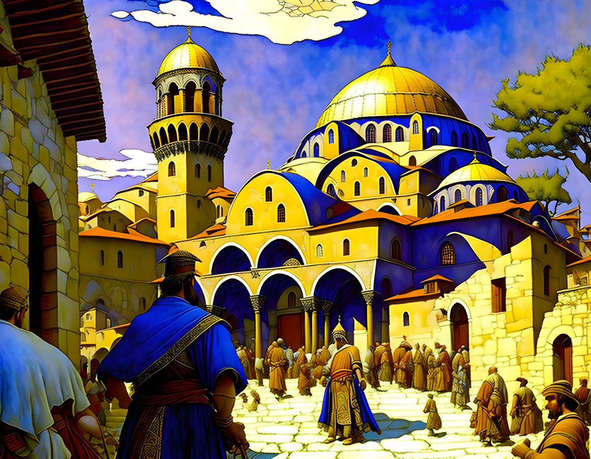 Historical attire scene outside ornate domed structure under blue sky