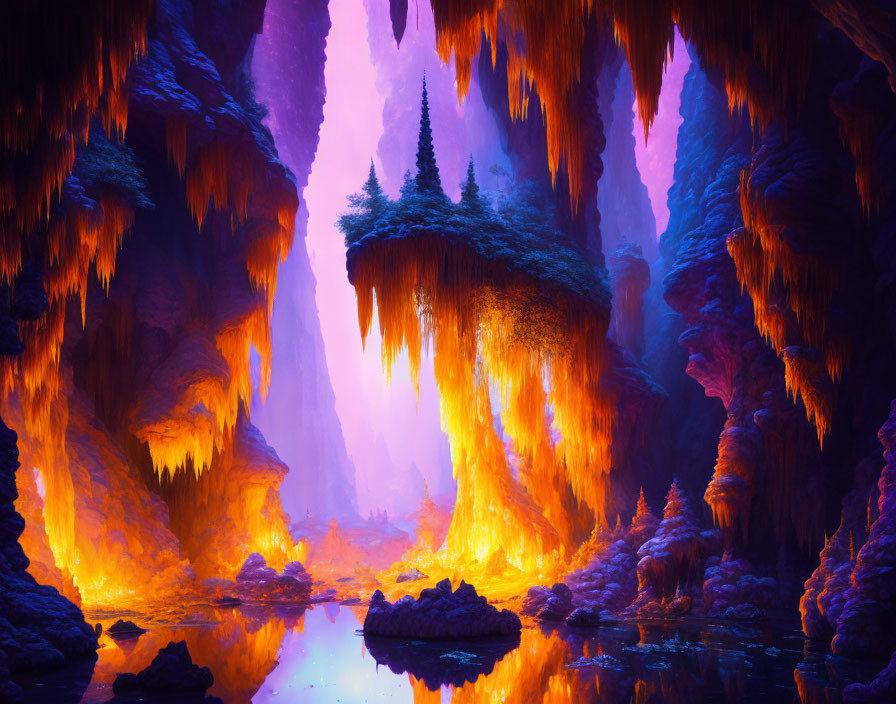 Fantasy cave with purple and orange hues, stalactites, stalagmites, calm water,